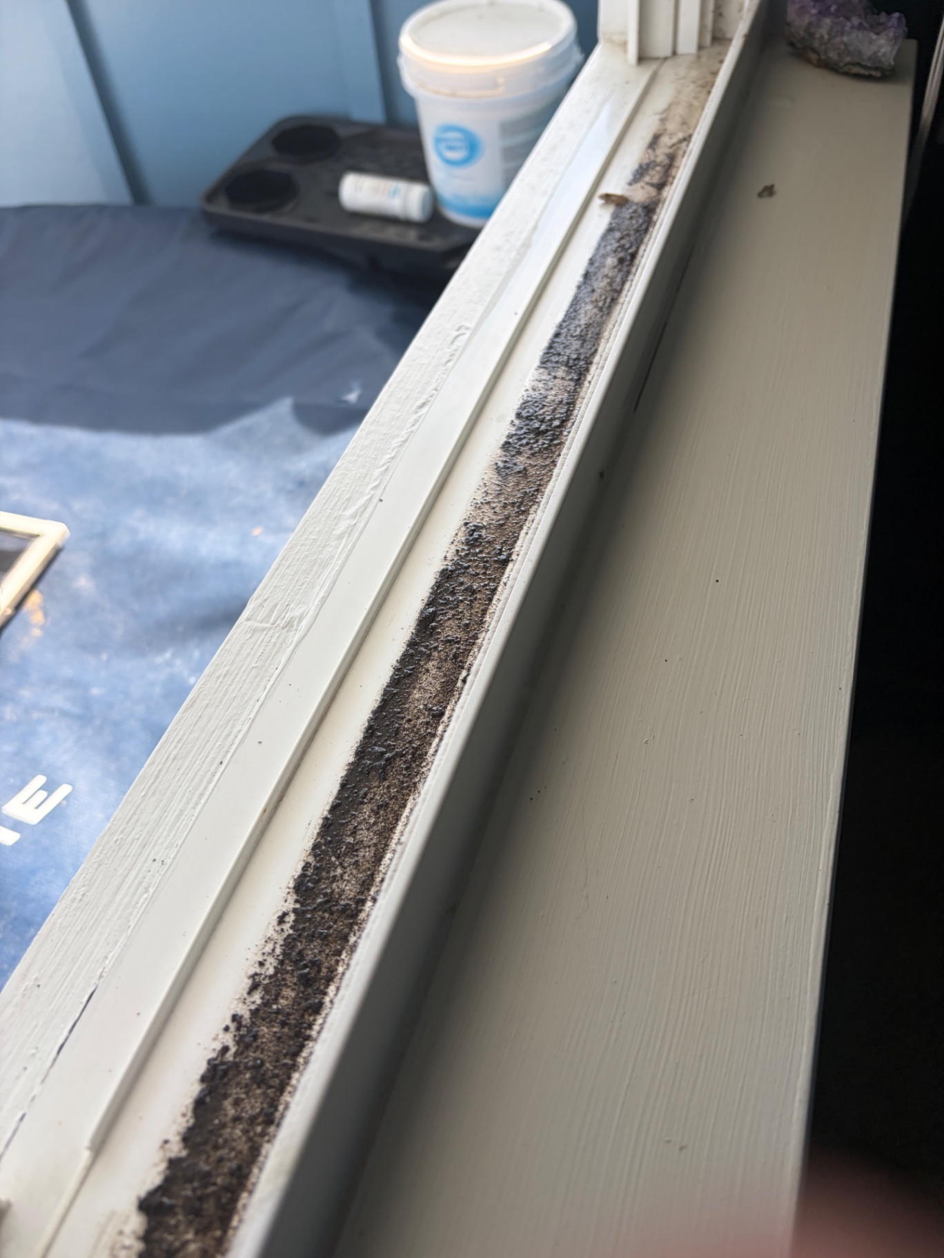 Before: salt, sand and grime packed into a Navarre window track